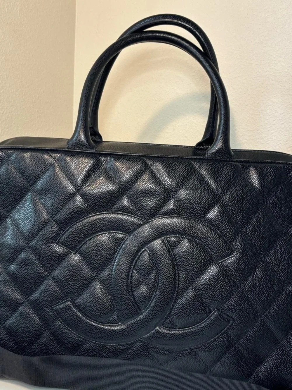 CHANEL Black Quilted Caviar Leather Tote with CC Emblem
